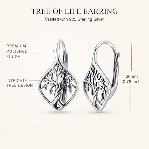 LeCalla 925 Sterling Silver Filigree Dangle Drop Leverback Earrings for Women | Long 925 Silver Dangle Leverback Earrings Hypoallergenic Filigree Tear drop Earrings Jewelry - style: Filigree Tree of Life Drop-20mm