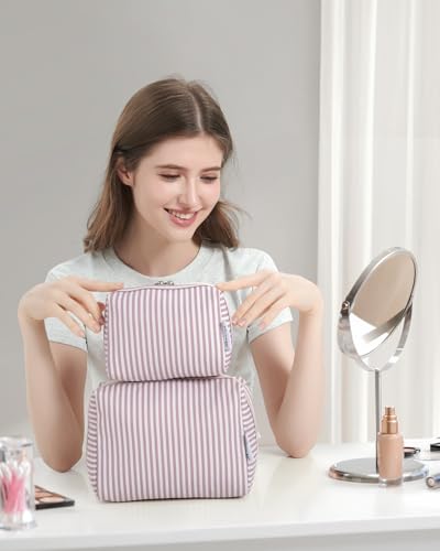 Narwey Striped Makeup Bag Travel Cosmetic Bag Organizer Toiletry Bag Make Up Bags with Compartments for Women Girls (Large, Dusty Rose Stripe) - color: A-Dusty Rose Stripe, style: Large