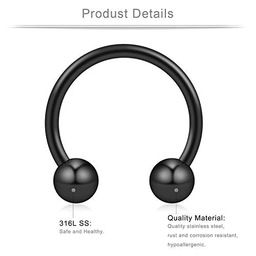 Ruifan 16G Surgical Steel CBR Nose Septum Horseshoe Earring Eyebrow Tongue Lip Nipple Helix Tragus Piercing Ring 6-16mm - color: 6PRS - Black