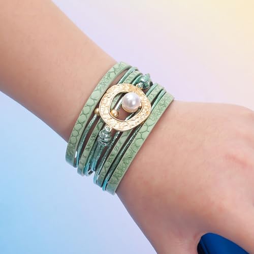 Long tiantian Boho Leather Wrap Bracelets Western Bracelets for Women Stackable Starfish Crystal Pearl Turquoise Leather Bracelet With Clasp Jewelry Gifts Boho Dresses - color: C4:green leather bracelet