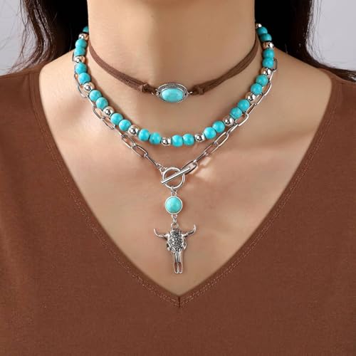 Western Jewelry for Women - Boho Turquoise Jewelry Set with Turquoise Necklace, Earrings, Bracelet & Rings - style: turquoise boho style