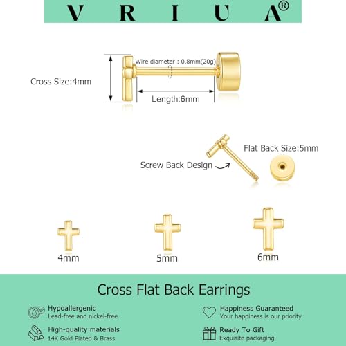 VRIUA 20G Tiny Flat Back Earrings for Women - 14K Gold/Silver Plated Small Flat Back Stud Earrings Hypoallergenic Cartilage Helix Piercing Jewelry - color: 4/5/6mm-Cross Flat Gold