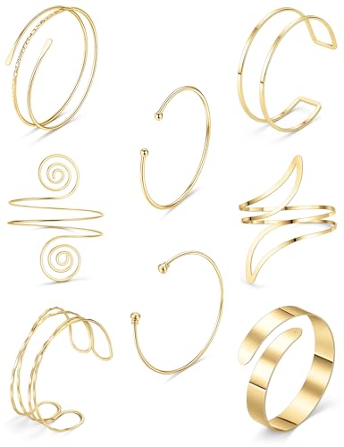 Arm Cuff Bracelet for Women Arm Layered Cuff Bangles Adjustable Coil Swirl Armlet ArmBand Stackable - style: 8 Sets Gold