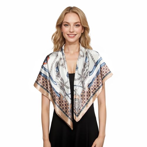 RIIQIICHY Head Scarf for Women Like Silk Scarf Hair Scarf Printed Square Scarf Bandanas for Women 35 Inches - color: Beige/Blue