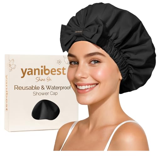 Yanibest Shower Cap Reusable Waterproof, Wide Elastic Band Bath Cap - Comfortable & Durable Bath Hair Hat for Women - color: Black