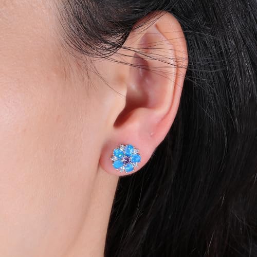 CiNily Flower Earrings,Opal Stud Earrings Sterling Silver or White Gold/Rose Gold Plated Ladies Flower Stud Earrings Cute Unique Earrings for Girls - color: Blue Opal