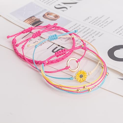 FANCY SHINY Easter Gifts Basket Stuffers Sunflower String Bracelet Boho Braided Rope Wrap Bracelets Cute Summer Beach Surfer Jewelry for Women - color: Hot Pink