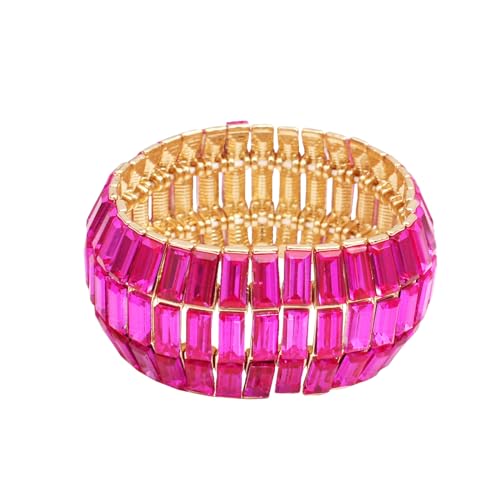 Women’s Wedding Bridal Crystal Leaf Flower Stretch Bangle Elastic Wide Bracelet Jewelry for Brides Bridesmaid - color: Style1-Rose Red-Gold Plated