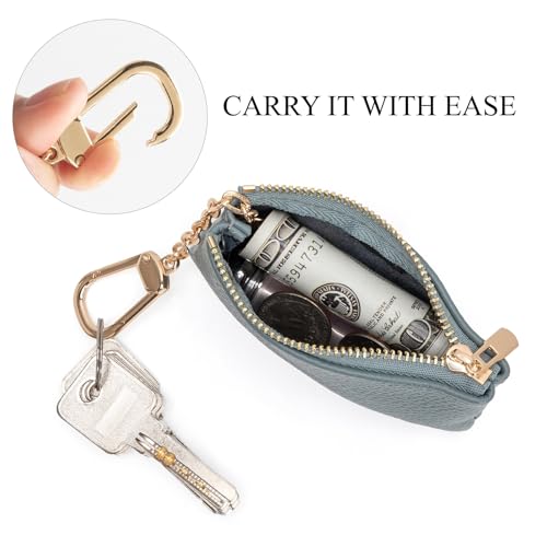 Full Grain Leather Coin Purse with Key Chain - Small Change Purse Keychain Card Holder Keychain Pouch Small Keychain Wallet for Women and Men (Powder Blue) - color: Powder Blue, Regular Size