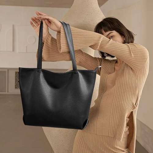 WLLWOO Soft Vegan Leather Tote Bag for Women Large Casual Hobo Handbags Zipper Shoulder Work Daily Weekender Travel Purse - color: Black