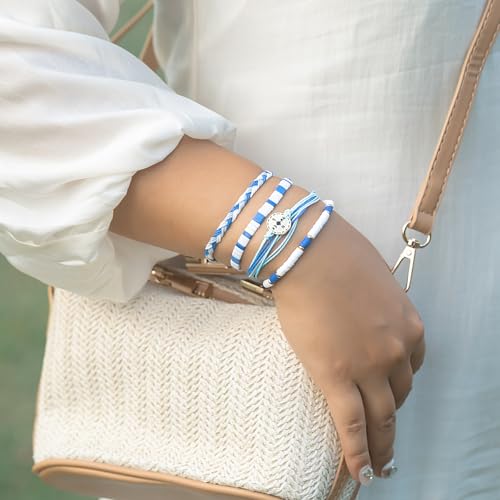 FANCY SHINY Boho Nautical Compass String Bracelets Beaded Clay Beads Bracelet Stackable Friendship Bracelets Summer Beach Outfits for Women Girls - color: Royal Blue