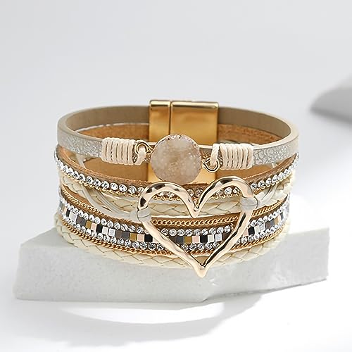 Fesciory Leopard Bracelet for Women, Boho Leather Wrap Multi-Layer Pearl Crystal Bracelet Bangle Jewelry - style: Heart Leather(Khaki)