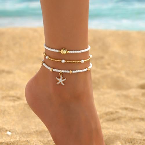 INENIMARTJ Shell Anklet Bracelet for Women Gold and White Beaded Elastic Stack Ankle Bracelet Hawaiian Beach Seashell Starfish Anklet Puka Shell Starfish Foot Jewelry for Women Beach Accessories - style: style A