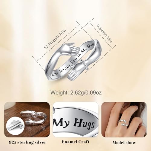 Vito 925 Sterling Silver Adjustable Open Spoon Ring for Women Men, Lotus Sunflower Snake Spoon Band Rings Feather Hug Witches Knot Inspirational Jewelry Gift for Wife - style: hug ring-silver