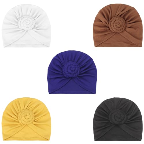 DRESHOW 5 Pack Knotted Headwraps for Women African Turban Pre-Knotted Beanie Headwraps Hair Covers - color: 5 Pcs Donut Flower: White, Yellow, Navy Blue, Dark Coffee, Black