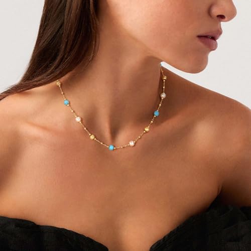 Created Turquoise Necklace for Women 14K Gold Plated Beaded Heart Choker Boho Necklaces Handmade Beach Summer Everyday Western Jewelry Gifts - color: Gold Chain, style: Pearl Beaded