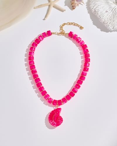 Chunky Beaded Necklace for Women with Conch Shell Pendant, Boho Bead Statement Necklace with Adjustable Gold Chain, Beach Jewelry for Summer＆Vacation Gifts - color: Fuchsia