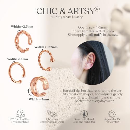 CHIC & ARTSY 925 Sterling Silver Ear Cuffs for Women, Non Piercing Clip On Cartilage Cuffs, Adjustable Fake Conch & Helix Earrings, Gold Plated & Oxidized Various Styles - color: ear cuff #20