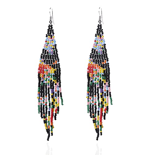 Long Beaded Tassel Earrings - Bohemia Colorful Bead Handmade Beaded Tassel Earrings，Gifts and Christmas - color: Black Flowers