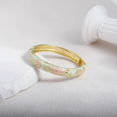 Vintage Flower Cuff Bangles Gold Plated Cloisonne Chinoiserie Peony Floral Elegant Bracelet Gifts For Women - color: light green