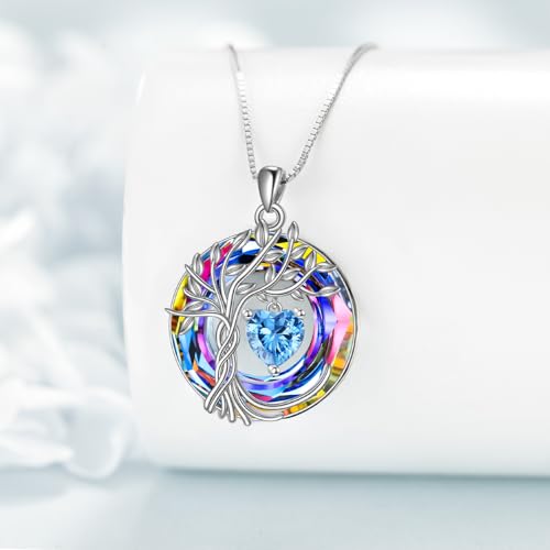 POPLYKE Mothers Day Gifts for Mom Her Wife Tree of Life Necklace 925 Sterling Silver Birthstone Pendant with Crystal Anniversary Birthday Wedding Jewelry for Women - color: 12-Dec-Blue Topaz, style: White Gold Plated-Volcano Crystal