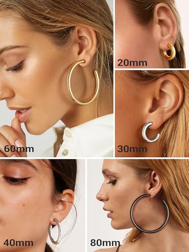 Stainless Steel Chunky Hoop Earrings For Women, Minimalist and Chic, Black/Gold Plated, Round Hoops Earrings Hypoallergenic, Size: 30mm/40mm/60mm/80mm, Come with Box - color: 2. Black, size: 80MM