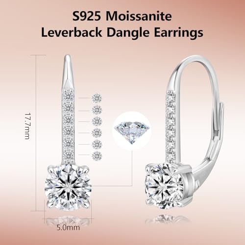 KRKC Moissanite Earrings, 1.0ct-2.0ct D Color Lab Created Diamond Earring, 14k White Gold Plated Sterling Silver Dangle Earrings S925 Leverback Drop Earring for Women Hypoallergenic Jewelry for Gifts - color: Round-Silver-5mm-Gift for Mom