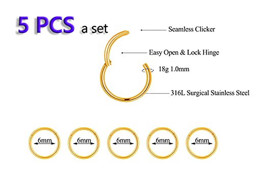 5Pcs 16G 18G Surgical Steel Nose Rings Hoop Tragus Septum Cartilage Hoop Earrings For Women Men Body Piercing Jewelry Kit Bar Length 6mm/8mm/10mm/12mm/14mm - style: 5Pcs -18G - Gold - 6mm