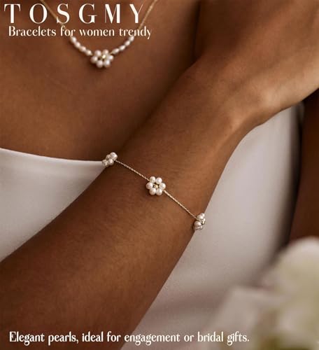 Dainty Silver Gold Bracelets for Women Trendy Non Tarnish 14K Gold Plated Cute Clover Bracelet Stackable Daisy Cubic Zirconia Diamond Charm Bracelet Stack Waterproof Jewelry Gifts - color: F- Pearl Bracelet- Gold