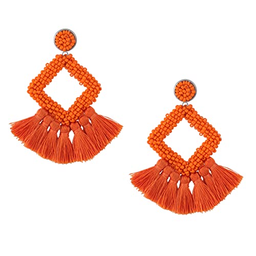 Long Tassel Earrings Statement Bohemian Pom Ball Handmade Drop Dangle Earrings for Women - style: S-Orange