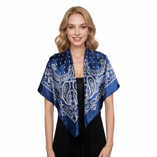 RIIQIICHY Head Scarf for Women Like Silk Scarf Hair Scarf Printed Square Scarf Bandanas for Women 35 Inches - color: Navy/White/Black