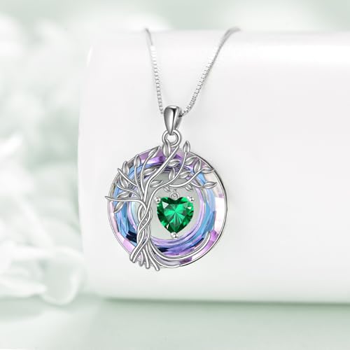 POPLYKE Mothers Day Gifts for Mom Her Wife Tree of Life Necklace 925 Sterling Silver Birthstone Pendant with Crystal Anniversary Birthday Wedding Jewelry for Women - color: 05-May-Emerald, style: White Gold Plated-Amethyst Crystal
