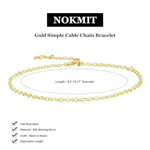 NOKMIT Solid 925 Sterling Silver Bracelets for Women, Dainty Interlocking Circles Cubic Zirconia Adjustable Chain Bracelet, Trendy Stackable Link Bracelets, Simple Cute Jewelry Gifts - color: Gold Cable Chain