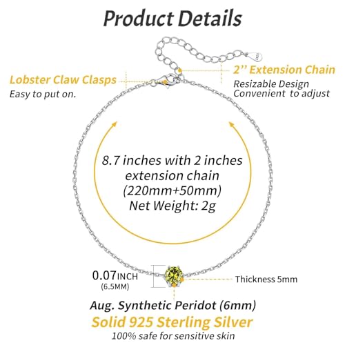 ChicSilver 925 Sterling Silver Anklets for Women, Simple Dainty Round/Heart Birthstone Ankle Bracelet Beach Foot Jewelry, 8.7-10.7 Inch Adjustable - color: 08. Round - August(Peridot)
