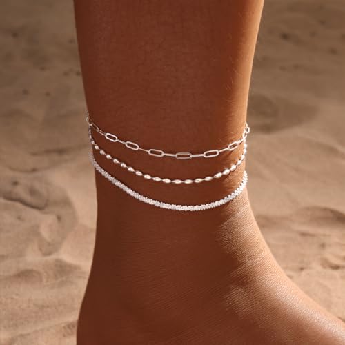 MIDEEO Gold/Silver Ankle Bracelets for Women,14K Gold Anklets for Women Waterproof Cuban Link Heart Beads Herringbone Rhinestone Anklets Set Layered Anklet Bracelets for Women Gold Jewelry Gift - style: 3Pcs Anklets G-SL