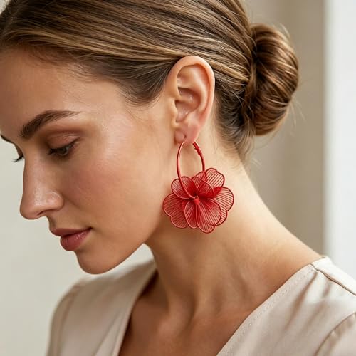 Gold Flower Statement Earrings for Women Boho Trendy Hoop Earrings Floral Dangle Petal Earring Prom Wedding Jewelry Gifts - color: A6:red
