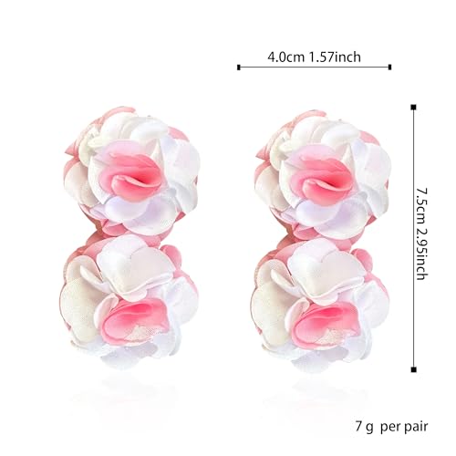 Oversized Fabric Flower Earrings for Women Statement Boho Chic Dangle Drop Earrings for Parties Weddings or Everyday Wear - color: Pink White
