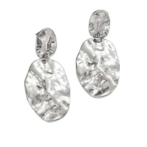 Chunky Irregular Geometry Clip On Earrings for Women, Matte Gold/Silver Retro Oval Dangle Drop Clip Earrings Non Pierced Clips Stetement Jewelry Gifts - color: Silver