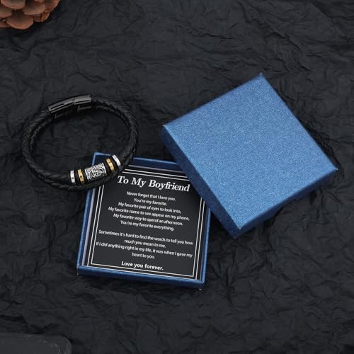 Mens Leather Bracelet,Black Stainless Steel Double-Row Braided Black Stainless Steel Love You Forever Engraved,Baptism Easter Day Gift for Men Son & Grandson - style: For Boyfriend