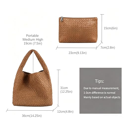 Woven Tote Bag For Women, Large Vegan Leather Travel Handbag, Casual Work Shoulder Bag, Underarm Commuter Hobo Bag With Purse - color: Brown