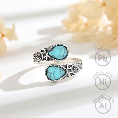 Vito 925 Sterling Silver Adjustable Open Spoon Ring for Women Men, Lotus Sunflower Snake Spoon Band Rings Feather Hug Witches Knot Inspirational Jewelry Gift for Wife - style: Sunflower Turquoise