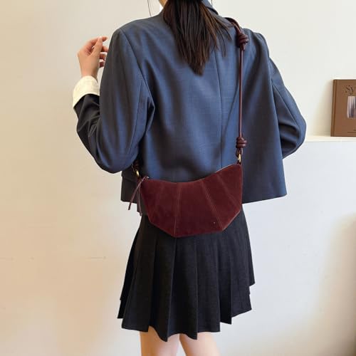 Suede Bags for Women Small Suede Purses Crescent Bag Crossbody Shoulder Bag Trendy Tote Handbags - color: A Suede Wine Red