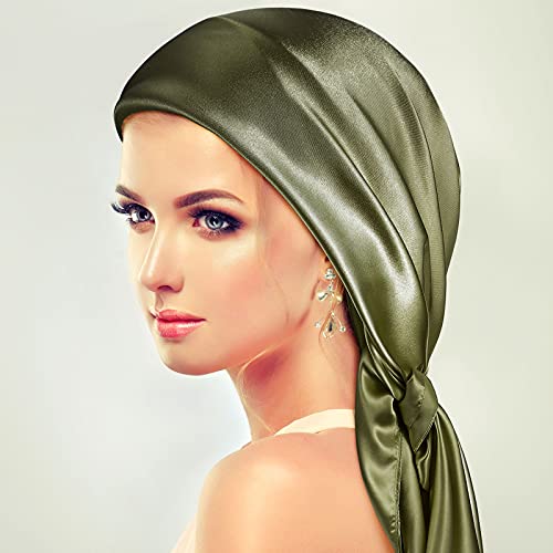 SATINIOR 35 Inch Silky Head Scarf 2 Pcs Large Square Neck Scarf Sleeping Hair Wrapping Satin Bandana for Women - color: Dark Grey, Olive, style: Classic