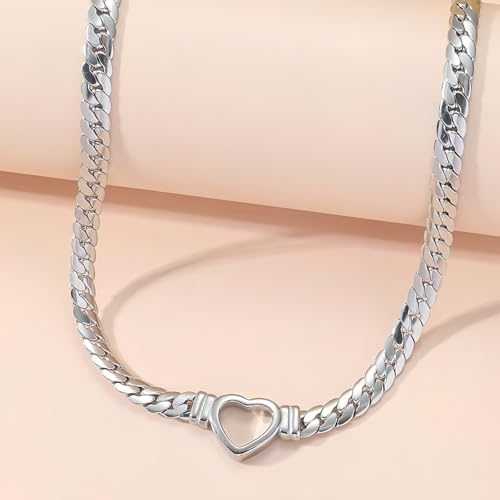 Heart Choker,Stainless Steel Necklace for Women,Chunky Heart Pendant, 40cm Length, 21.5g Weight - color: silvery