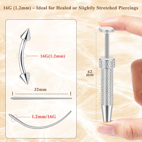 Eyebrow Piercing Jewelry Set with Tool, Surgical Steel Curved Barbell Kit with CZ, Spike & Ball Replacement Ends, Internal Thread 6mm/8mm/10mm Rook Daith Lip Rings for Women Men - color: 16G Silver