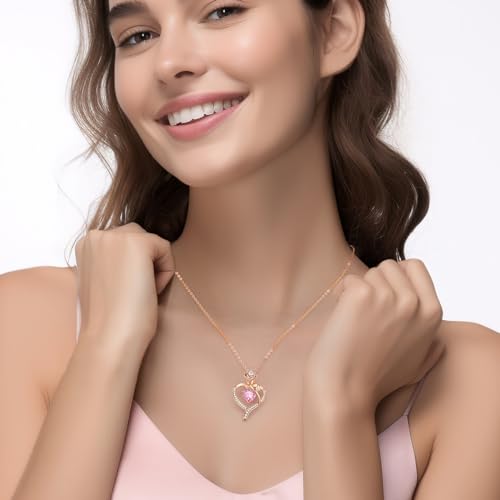 LOUISA SECRET Rose Flower Heart Birthstone Necklaces for Women, 925 Sterling Silver Jewelry, Pendant Heart Necklaces Birthday Anniversary Christmas Gift for Women Wife Mom Girlfriend Lady - color: Rose Gold-10-Oct