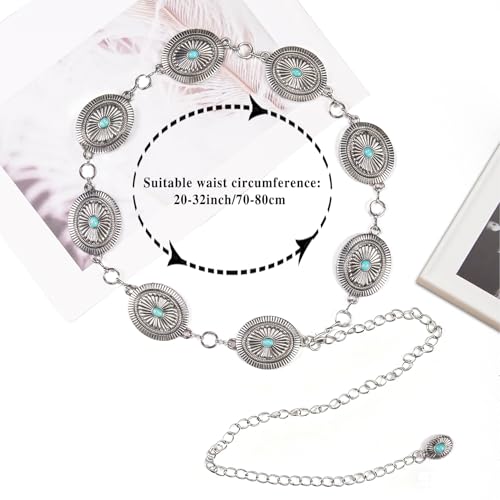 Dubulle Womens Belt Chain Leather Belts Vintage Western Adjustable Elastic Double Buckle for Cowboy Pant Dress - color: W Silver