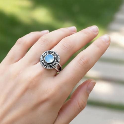 Mulit Circle Cross Lines Thick Top Jade Gem Ring,Silver Plated Cocktail Party Ring,Statement Ring Jewelry Gift for Women - color: RIng_D Empty Blue
