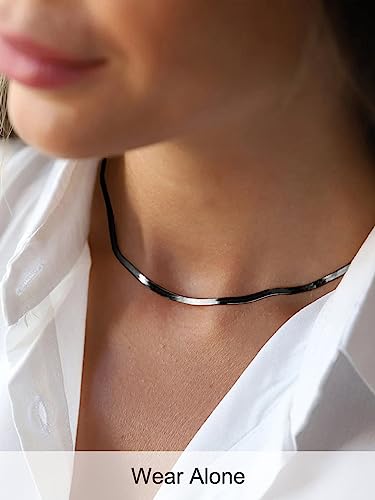 FOCALOOK 14K Gold Plated Necklaces for Women, Fashion Herringbone Choker Necklace Stainless Steel Flat Snake Chain 3/5MM(W) 12.5"/15"/18"+3.5"(L) - color: 3MM-Black-12.5"