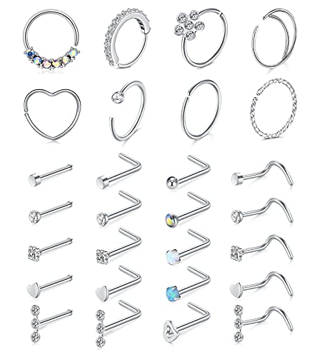 Mayhoop 20g Nose Rings Hoops And Studs For Women Men - Hypoallergenic 316L Surgical Stainless Steel L Shape Nose Screw Bone Silver Rose Gold Black Rainbow Pack 28Pcs - color: 2#Silver